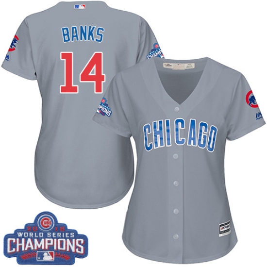 Women's Majestic Chicago Cubs 14 Ernie Banks Authentic Grey Road 2016 World Series Champions Cool Base MLB Jersey