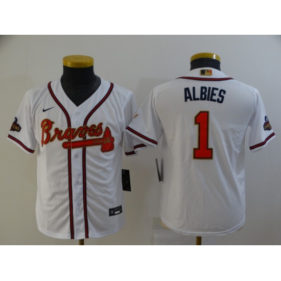 Youth Atlanta Braves 1 Ozzie Albies Nike White 2022 Gold Program Authentic Player Jersey