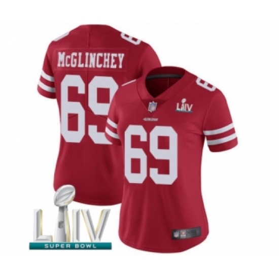 Women's San Francisco 49ers 69 Mike McGlinchey Red Team Color Vapor Untouchable Limited Player Super Bowl LIV Bound Football Jersey