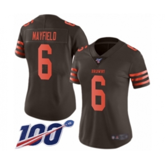 Women's Cleveland Browns 6 Baker Mayfield Limited Brown Rush 100th Season Vapor Untouchable Football Jersey