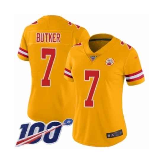 Women's Kansas City Chiefs 7 Harrison Butker Limited Gold Inverted Legend 100th Season Football Jersey