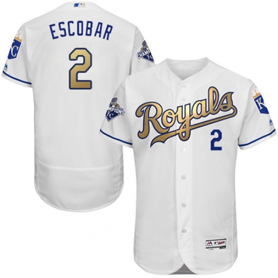Men's Majestic Kansas City Royals 2 Alcides Escobar Authentic White 2015 World Series Champions Gold Program FlexBase MLB Jersey