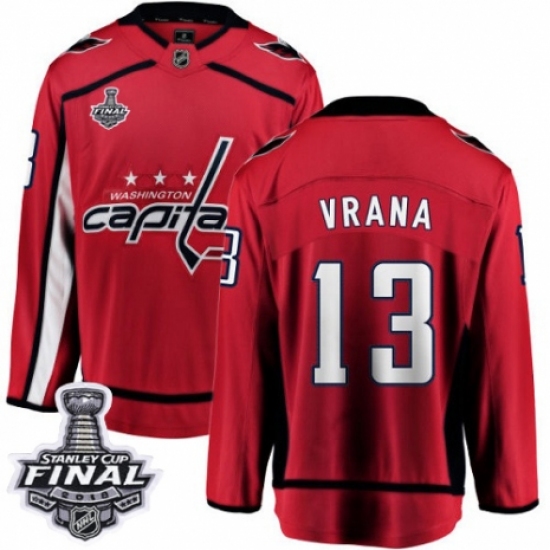 Men's Washington Capitals 13 Jakub Vrana Fanatics Branded Red Home Breakaway 2018 Stanley Cup Final NHL Jersey