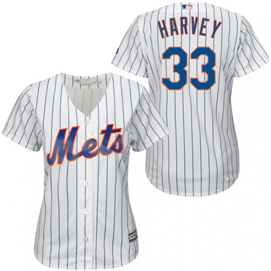 Women's Majestic New York Mets 33 Matt Harvey Authentic White/Blue Strip MLB Jersey