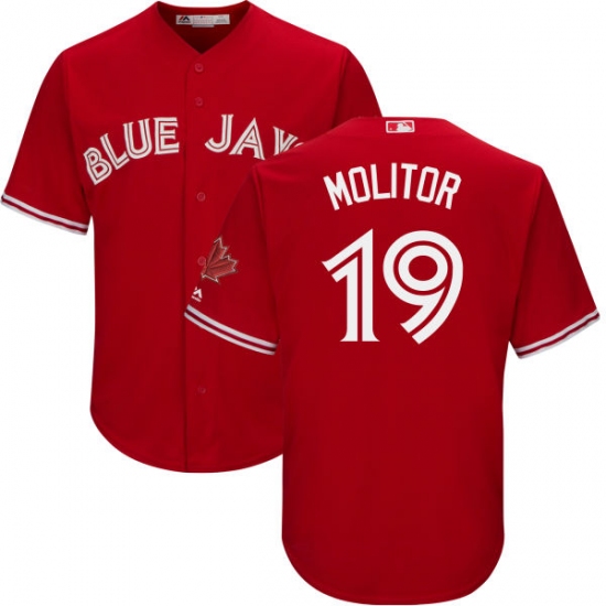 Men's Majestic Toronto Blue Jays 19 Paul Molitor Replica Scarlet Alternate Cool Base MLB Jersey