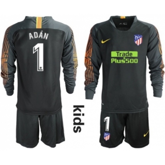 Atletico Madrid 1 Adan Black Goalkeeper Long Sleeves Kid Soccer Club Jersey