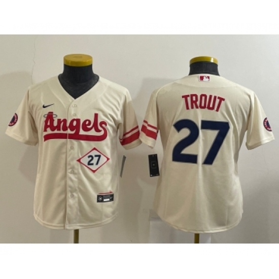 Youth Los Angeles Angels 27 Mike Trout Number Cream 2022 City Connect Cool Base Stitched Jersey