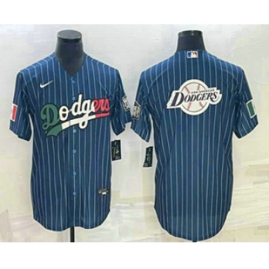 Men's Los Angeles Dodgers Big Logo Navy Blue Pinstripe Stitched MLB Cool Base Nike Jersey5