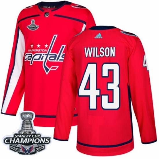 Men's Adidas Washington Capitals 43 Tom Wilson Authentic Red Home 2018 Stanley Cup Final Champions NHL Jersey