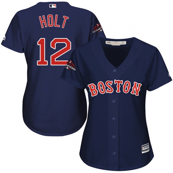 Women's Majestic Boston Red Sox 12 Brock Holt Authentic Navy Blue Alternate Road 2018 World Series Champions MLB Jersey