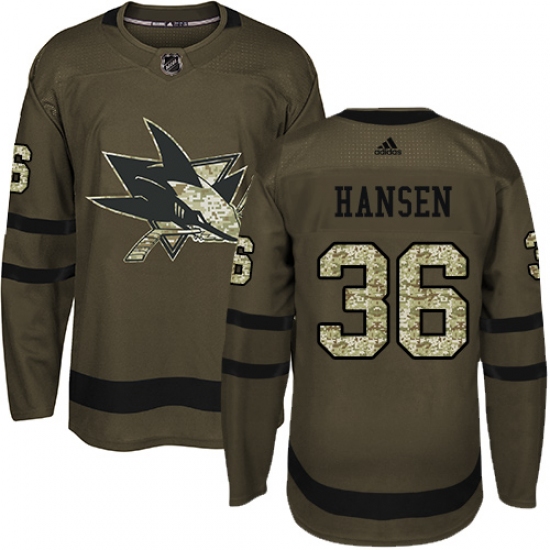 Youth Adidas San Jose Sharks 36 Jannik Hansen Premier Green Salute to Service NHL Jersey