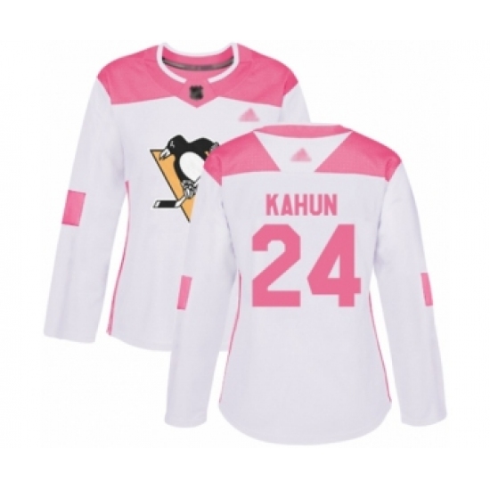 Women's Pittsburgh Penguins 24 Dominik Kahun Authentic White Pink Fashion Hockey Jersey