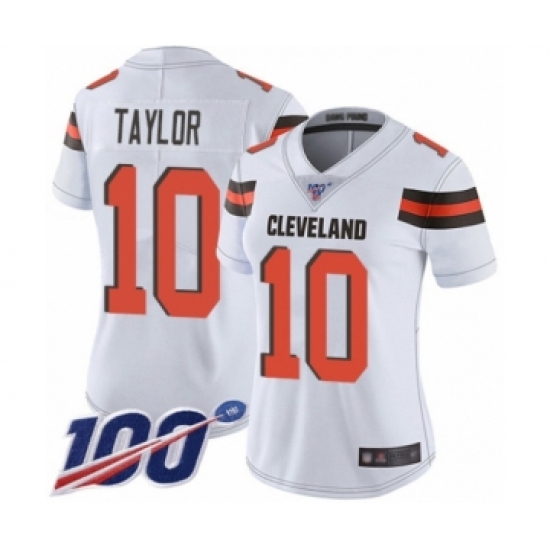 Women's Cleveland Browns 10 Taywan Taylor White Vapor Untouchable Limited Player 100th Season Football Jersey