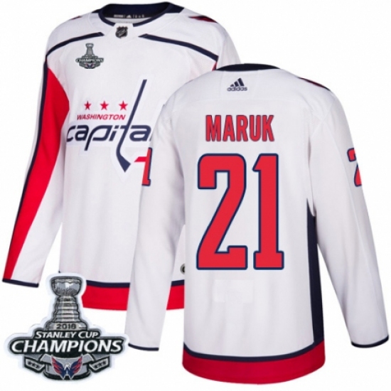 Youth Adidas Washington Capitals 21 Dennis Maruk Authentic White Away 2018 Stanley Cup Final Champions NHL Jersey