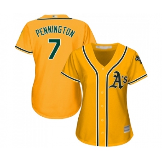 Women's Oakland Athletics 7 Cliff Pennington Replica Gold Alternate 2 Cool Base Baseball Jersey