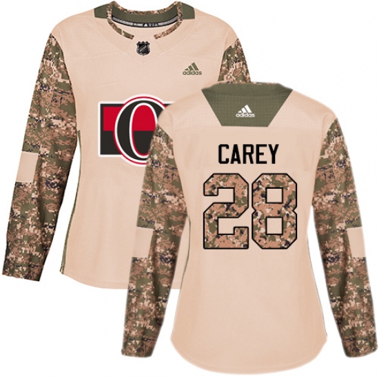 Women's Adidas Ottawa Senators 28 Paul Carey Authentic Camo Veterans Day Practice NHL Jersey