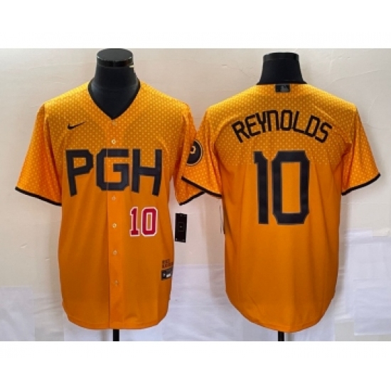 Men's Nike Pittsburgh Pirates 10 Bryan Reynolds Number Gold 2023 City Connect Stitched Jersey