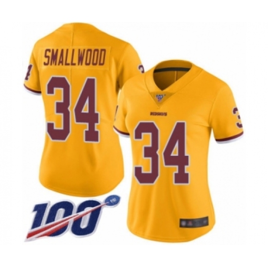 Women's Washington Redskins 34 Wendell Smallwood Limited Gold Rush Vapor Untouchable 100th Season Football Jersey