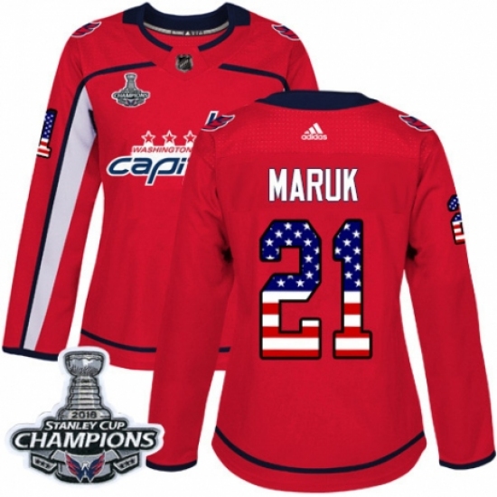 Women's Adidas Washington Capitals 21 Dennis Maruk Authentic Red USA Flag Fashion 2018 Stanley Cup Final Champions NHL Jersey