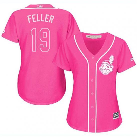 Women's Majestic Cleveland Indians 19 Bob Feller Replica Pink Fashion Cool Base MLB Jersey