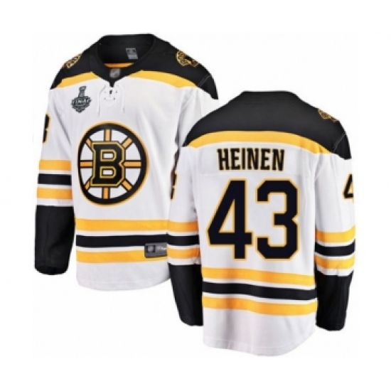 Men's Boston Bruins 43 Danton Heinen Authentic White Away Fanatics Branded Breakaway 2019 Stanley Cup Final Bound Hockey Jersey