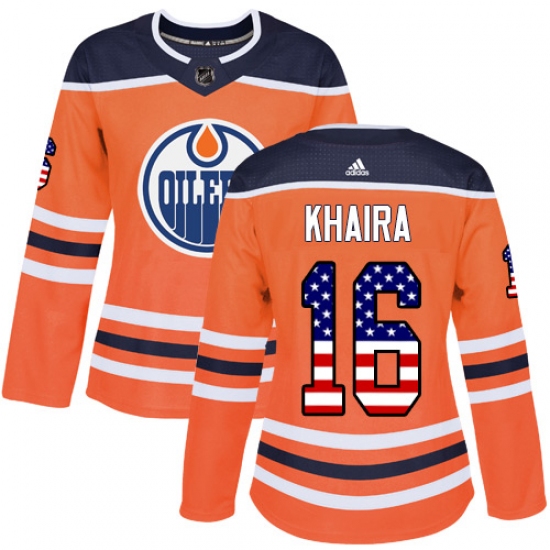 Women's Adidas Edmonton Oilers 16 Jujhar Khaira Authentic Orange USA Flag Fashion NHL Jersey