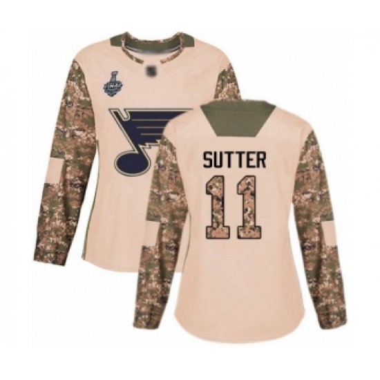 Women's St. Louis Blues 11 Brian Sutter Authentic Camo Veterans Day Practice 2019 Stanley Cup Final Bound Hockey Jersey