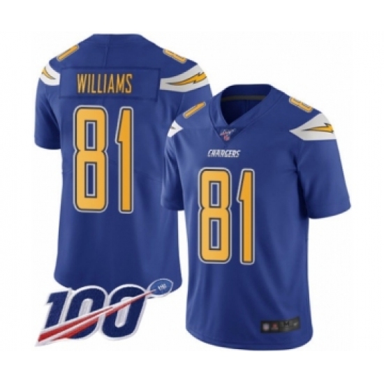 Men's Los Angeles Chargers 81 Mike Williams Limited Electric Blue Rush Vapor Untouchable 100th Season Football Jersey