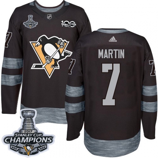 Men's Adidas Pittsburgh Penguins 7 Paul Martin Authentic Black 1917-2017 100th Anniversary 2017 Stanley Cup Champions NHL Jersey