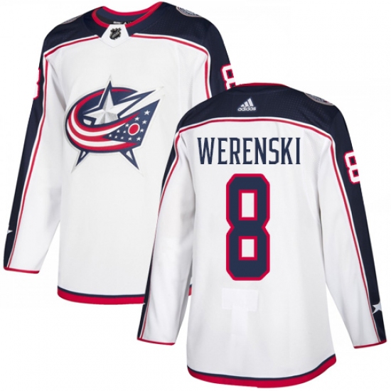 Men's Adidas Columbus Blue Jackets 8 Zach Werenski White Road Authentic Stitched NHL Jersey