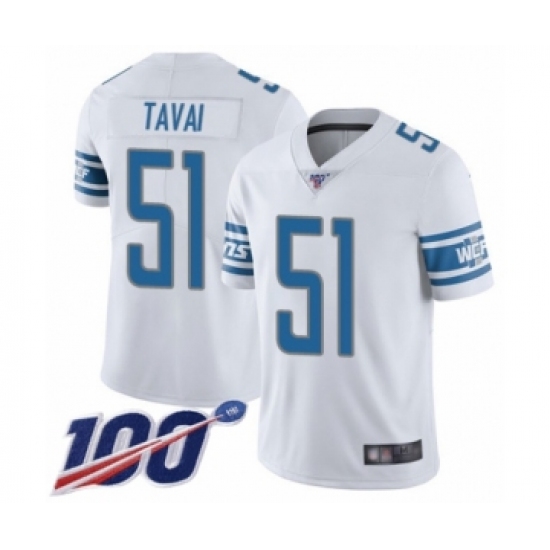 Men's Detroit Lions 51 Jahlani Tavai White Vapor Untouchable Limited Player 100th Season Football Jersey