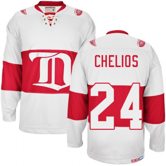 Men's CCM Detroit Red Wings 24 Chris Chelios Authentic White Winter Classic Throwback NHL Jersey