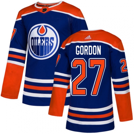 Men's Adidas Edmonton Oilers 27 Boyd Gordon Premier Royal Blue Alternate NHL Jersey