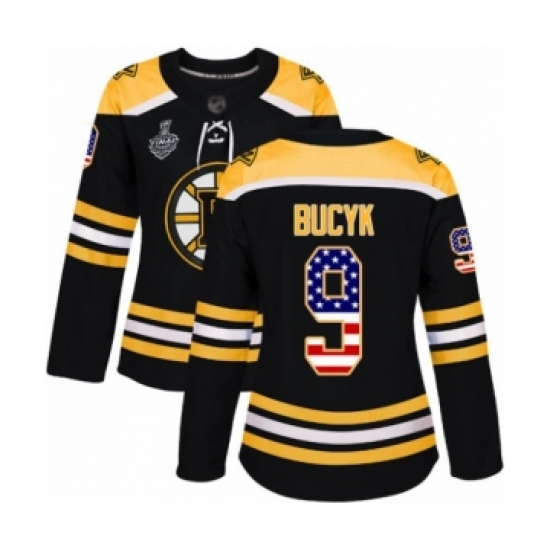 Women's Boston Bruins 9 Johnny Bucyk Authentic Black USA Flag Fashion 2019 Stanley Cup Final Bound Hockey Jersey