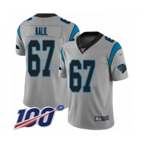 Men's Carolina Panthers 67 Ryan Kalil Silver Inverted Legend Limited 100th Season Football Jersey