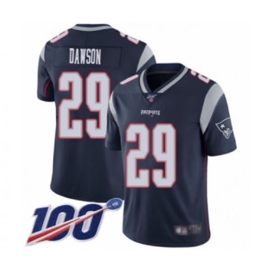 Men's New England Patriots 29 Duke Dawson Navy Blue Team Color Vapor Untouchable Limited Player 100th Season Football Jersey