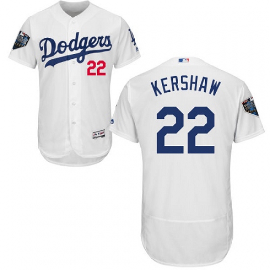 Men's Majestic Los Angeles Dodgers 22 Clayton Kershaw White Home Flex Base Authentic Collection 2018 World Series MLB Jersey