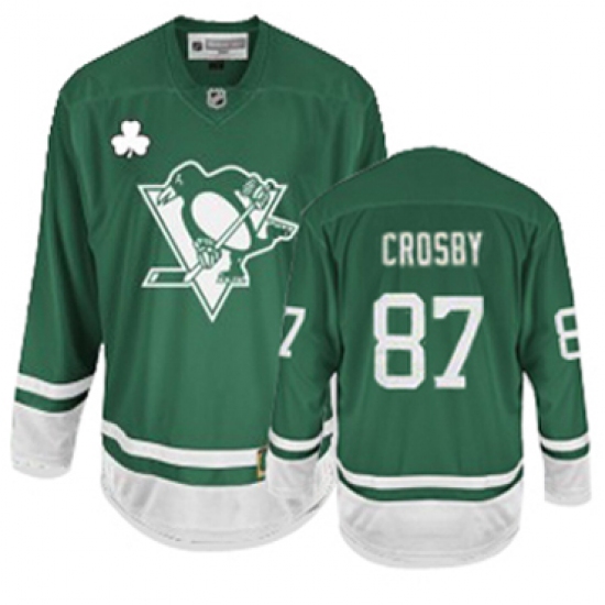 Men's Reebok Pittsburgh Penguins 87 Sidney Crosby Authentic Green St Patty's Day NHL Jersey