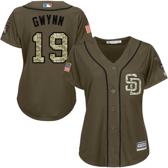 Women's Majestic San Diego Padres 19 Tony Gwynn Authentic Green Salute to Service Cool Base MLB Jersey