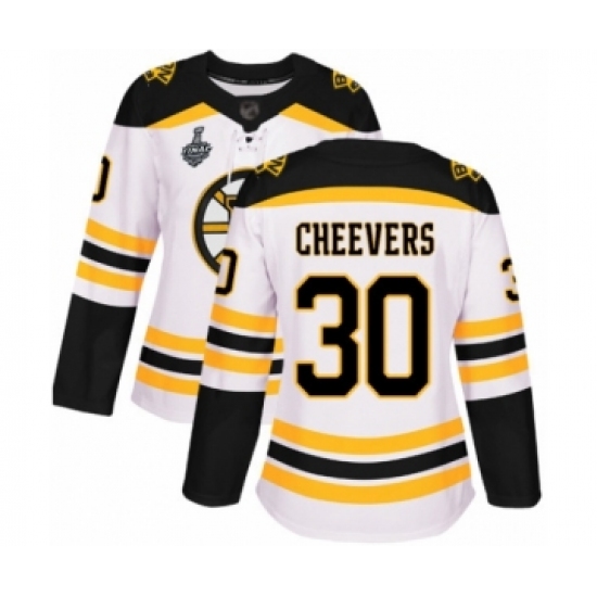 Women's Boston Bruins 30 Gerry Cheevers Authentic White Away 2019 Stanley Cup Final Bound Hockey Jersey