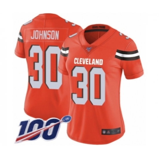 Women's Cleveland Browns 30 D'Ernest Johnson Orange Alternate Vapor Untouchable Limited Player 100th Season Football Jersey