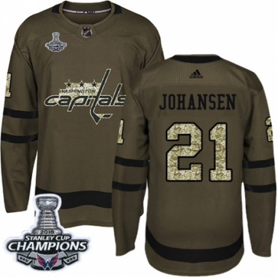 Men's Adidas Washington Capitals 21 Lucas Johansen Authentic Green Salute to Service 2018 Stanley Cup Final Champions NHL Jersey