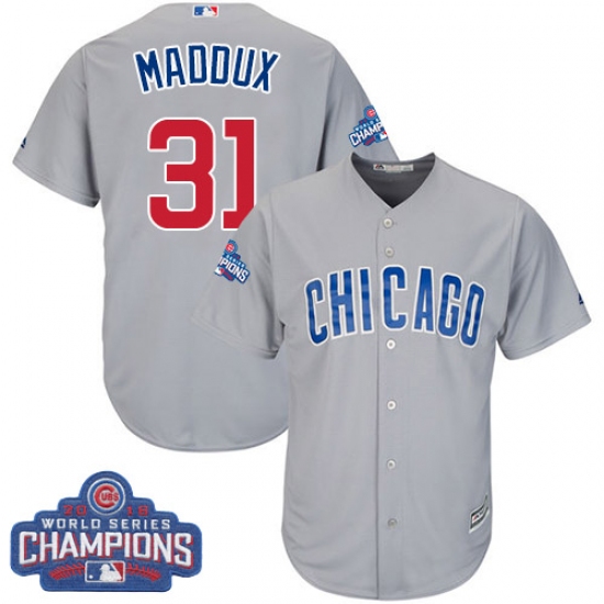 Youth Majestic Chicago Cubs 31 Greg Maddux Authentic Grey Road 2016 World Series Champions Cool Base MLB Jersey