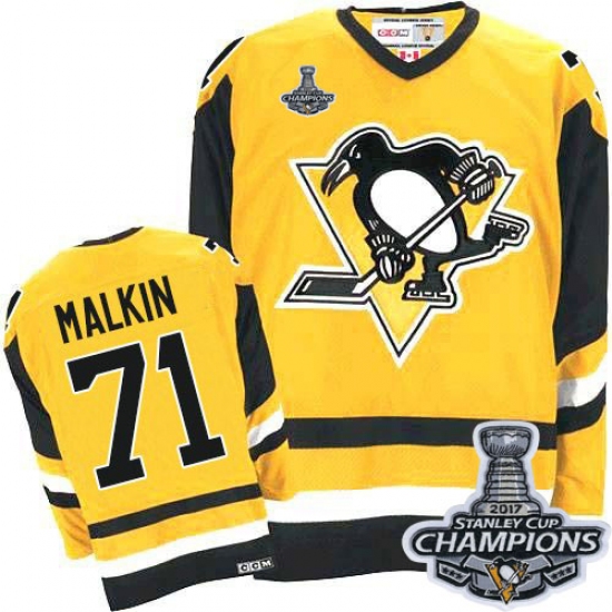 Men's CCM Pittsburgh Penguins 71 Evgeni Malkin Premier Gold Throwback 2017 Stanley Cup Champions NHL Jersey