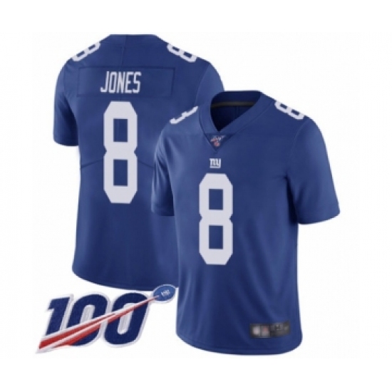 Men's New York Giants 8 Daniel Jones Royal Blue Team Color Vapor Untouchable Limited Player 100th Season Football Jersey