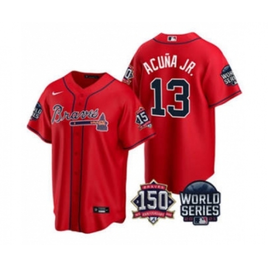 Men's Atlanta Braves 13 Ronald Acuna Jr. 2021 Red World Series With 150th Anniversary Patch Cool Base Baseball Jersey
