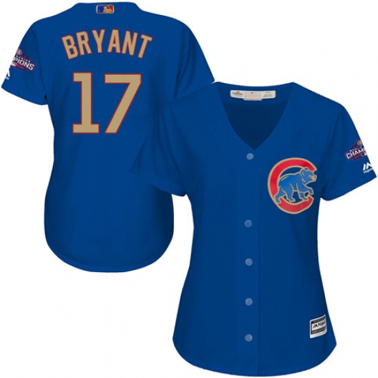 Women's Majestic Chicago Cubs 17 Kris Bryant Authentic Royal Blue 2017 Gold Champion MLB Jersey