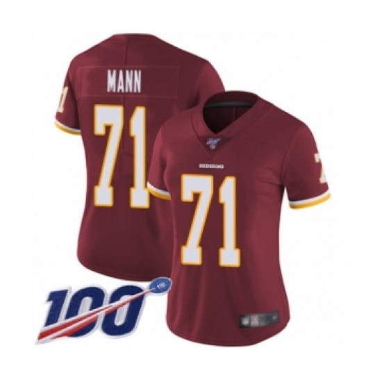 Women's Washington Redskins 71 Charles Mann Burgundy Red Team Color Vapor Untouchable Limited Player 100th Season Football Jersey