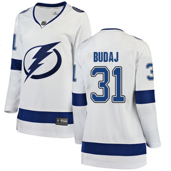 Women's Tampa Bay Lightning 31 Peter Budaj Fanatics Branded White Away Breakaway NHL Jersey