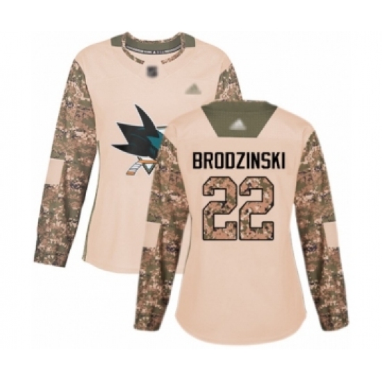 Women's San Jose Sharks 22 Jonny Brodzinski Authentic Camo Veterans Day Practice Hockey Jersey